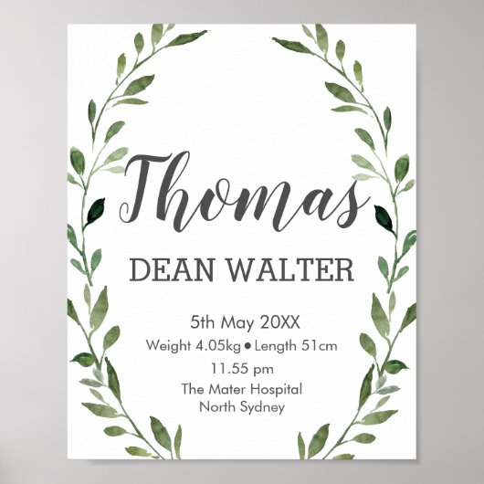 水素朴色の緑の誕生統計ウォールアート ポスター (正面)