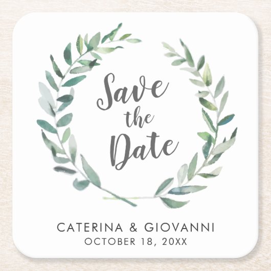 水素朴色の緑の非写真日付を保存 スクエアペーパーコースター (正面)