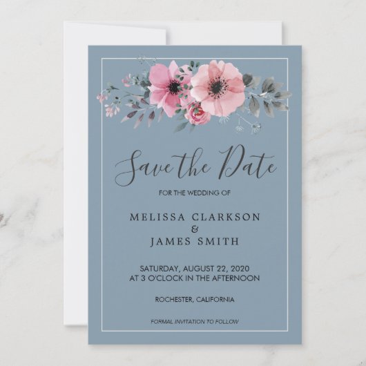 水素朴色の花ほこりっぽい青の保存日付 招待状 (正面)