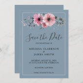水素朴色の花ほこりっぽい青の保存日付 招待状 (正面/裏面)