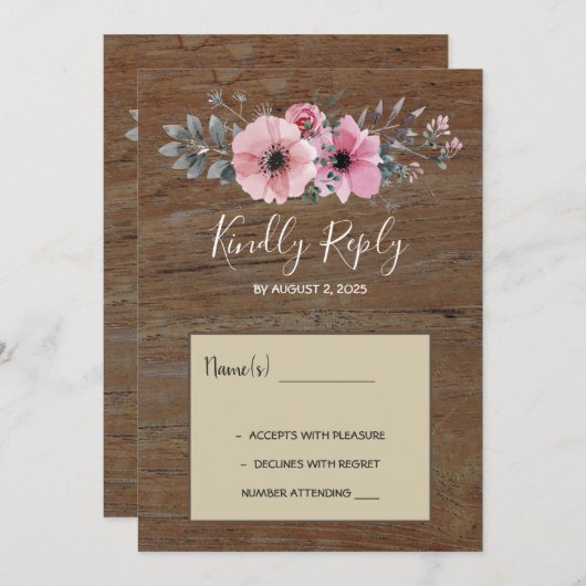 水素朴色の花バーンウッド結婚式RSVP 招待状 (正面/裏面)