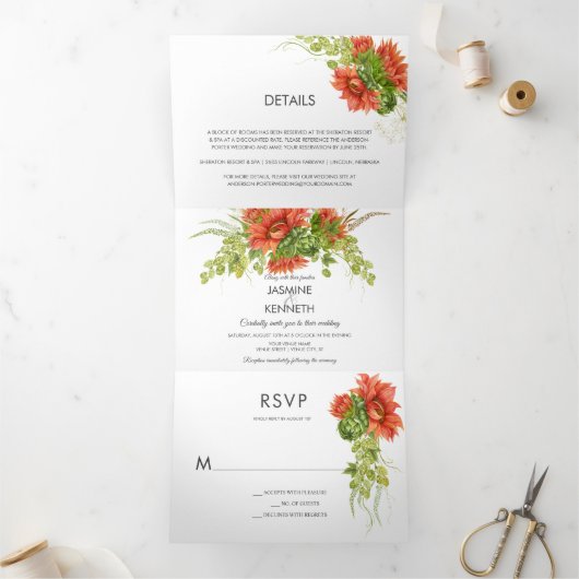 水素朴色の赤/オレンジ色ひまわり緑 | 三つ折り招待状 (内部)