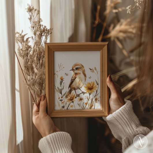 水素朴色の雀の鳥の絵を描野花 ポスター