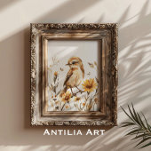 水素朴色の雀の鳥の絵を描野花 ポスター