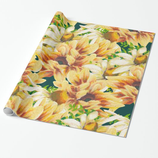 水素朴色の黄色と緑のひまわり ラッピングペーパー (アンロールド)
