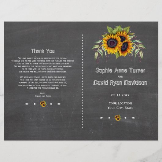 水素朴色ひまわりチョーク結婚式 プログラム チラシ (正面)