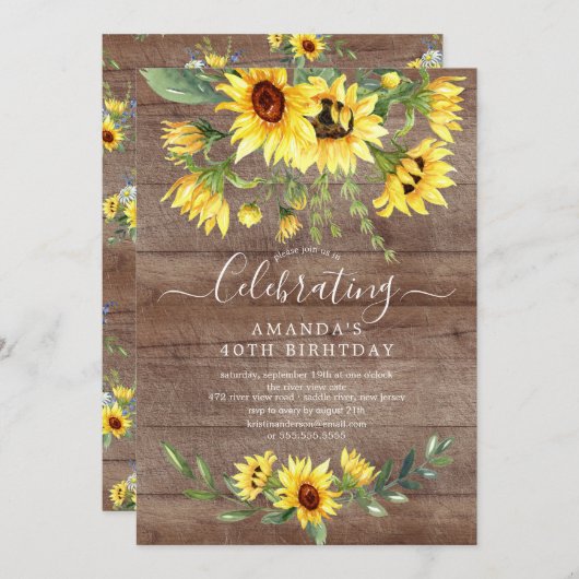 水素朴色ひまわりフローラ誕生日パーティー 招待状 (正面/裏面)