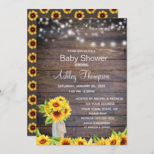 水素朴色ひまわり及びびびびん赤ちゃんシャワー 招待状 (正面/裏面)
