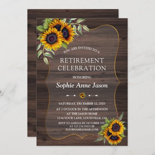 水素朴色ひまわり木製リタイアパーティー 招待状 (正面/裏面)