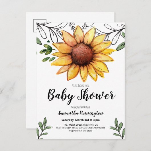 水素朴色ひまわり赤ちゃんシャワー インビテーションポストカード (正面/裏面)