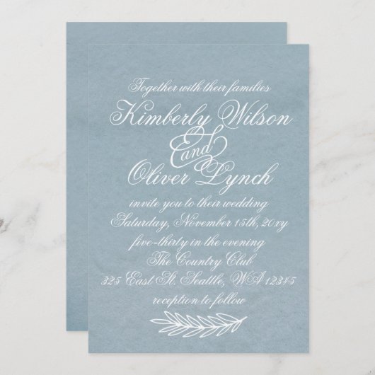 水素朴色ほこりっぽい青自然リーフ結婚ズ 招待状 (正面/裏面)