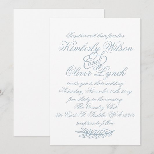 水素朴色ほこりっぽい青自然リーフ結婚ズ 招待状 (正面/裏面)