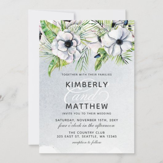 水素朴色アイスブルーフローラホワイト結婚ズ 招待状 (正面)