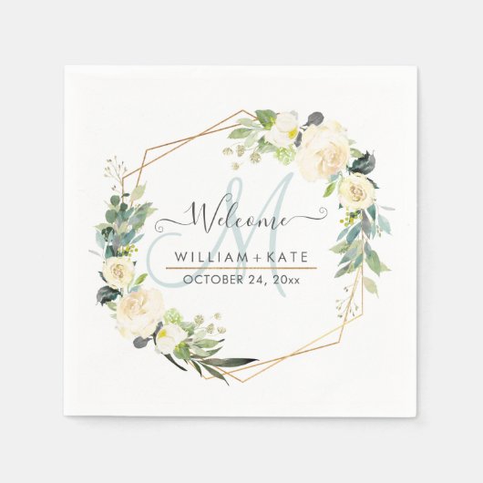 水素朴色アイボリークリームバラモノグラム スタンダードカクテルナプキン (正面)