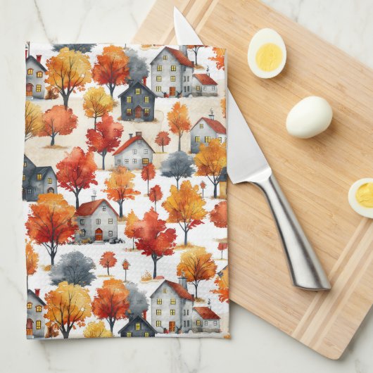 水素朴色ウッドランドビレッジパターン キッチンタオル (四つ折り)