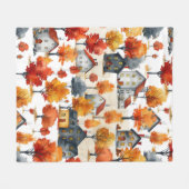 水素朴色ウッドランドビレッジパターン フリースブランケット (正面(横))