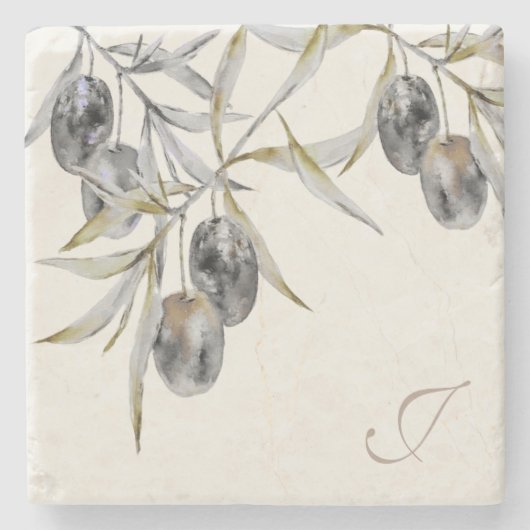 水素朴色オリーブ枝モノグラム ストーンコースター (正面)