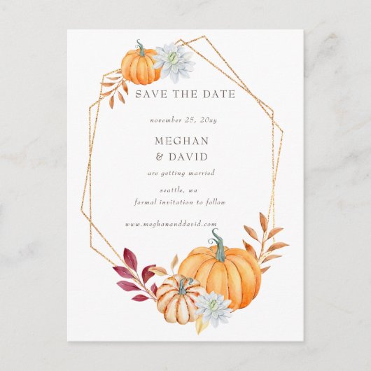 水素朴色オレンジカボチャ秋の結婚式 案内ポストカード (正面)