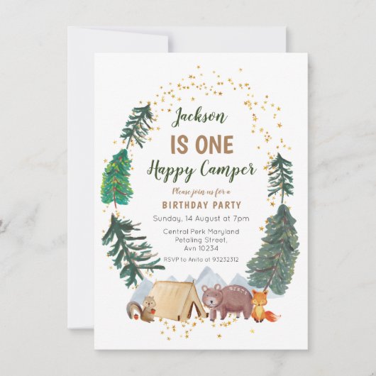 水素朴色キャンパーの最初の誕生日の招待 招待状 (正面)