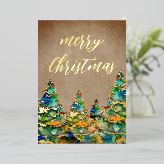 水素朴色クリスマスツリー雪の結晶金ゴールド 箔シーズンカード (立ち正面)