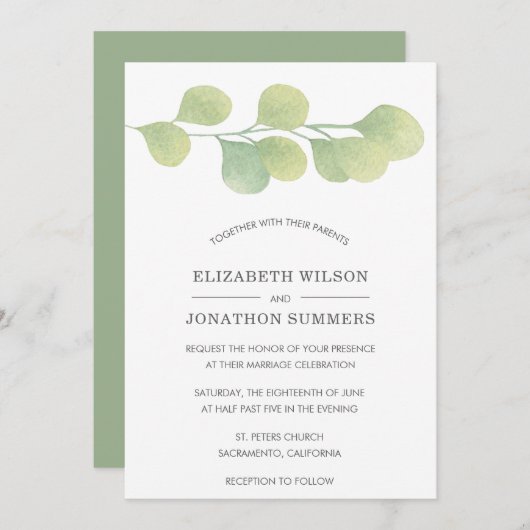 水素朴色グリーン結婚式招待状 招待状 (正面/裏面)