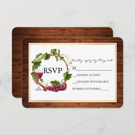 水素朴色グレープつる植物ウッドリース結婚 出欠カード (正面/裏面)