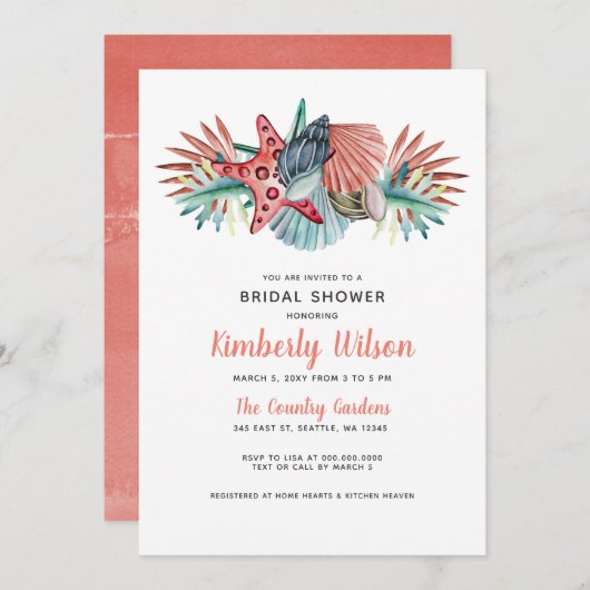 水素朴色コーラルブルービーチブライダルシャワー 招待状 (正面/裏面)