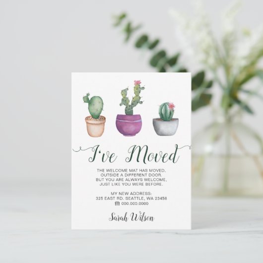 水素朴色サボテンポット移動 案内ポストカード (スタンド正面)