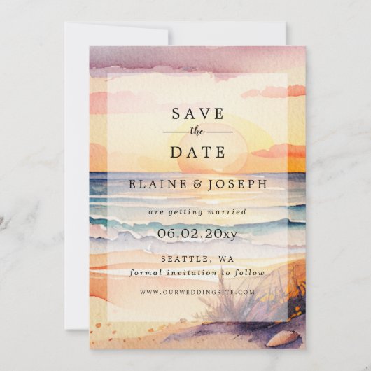 水素朴色サンセットビーチ海の日付を保存 案内状 (正面)