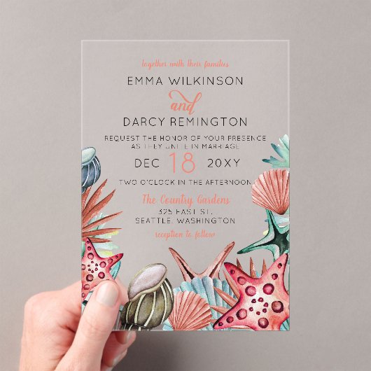 水素朴色シーズヘルスヒトデビーチ結婚式 アクリル招待状 (インサイチュ (ポータブル))