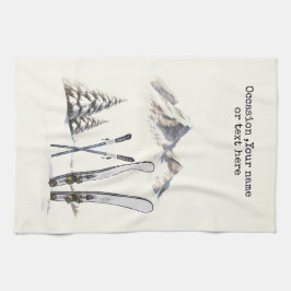 水素朴色スキー雪の木の山冬 キッチンタオル