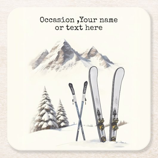 水素朴色スキー雪の木の山冬 スクエアペーパーコースター (正面)