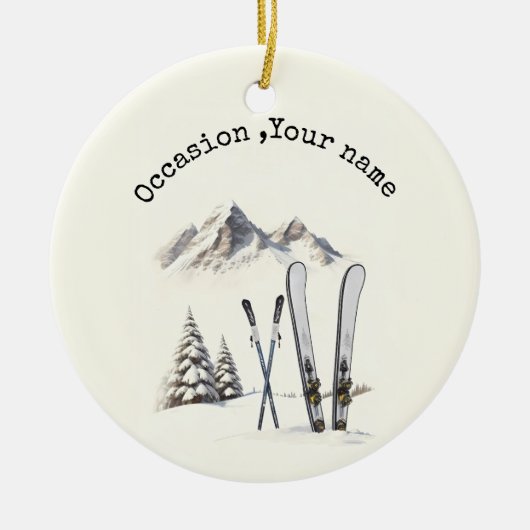 水素朴色スキー雪の木の山冬 セラミックオーナメント (正面)