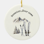 水素朴色スキー雪の木の山冬 セラミックオーナメント (裏面)