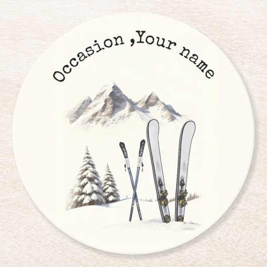 水素朴色スキー雪の木の山冬 ラウンドペーパーコースター (正面)