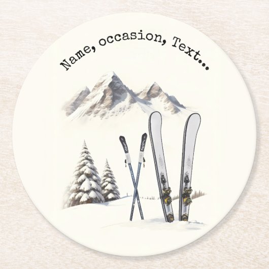 水素朴色スキー雪の木の山冬 ラウンドペーパーコースター (正面)
