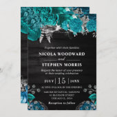 水素朴色ティール(緑がかった色)と銀花結婚の 招待状 (正面/裏面)