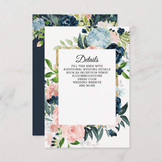 水素朴色ネイビー赤面金ゴールド結婚フローラ エンクロージャーカード (正面/裏面)