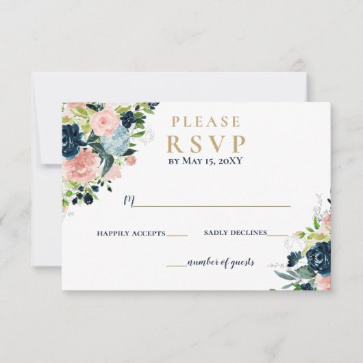 水素朴色ネイビー赤面金ゴールド結婚フローラ 出欠カード (正面)