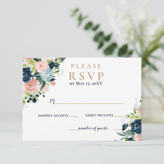 水素朴色ネイビー赤面金ゴールド結婚フローラ 出欠カード (スタンド正面)