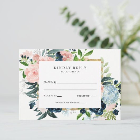 水素朴色ネイビー赤面金ゴールド結婚フローラ 出欠カード (スタンド正面)