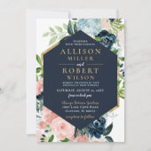 水素朴色ネイビー赤面金ゴールド結婚フローラ 招待状 (正面)