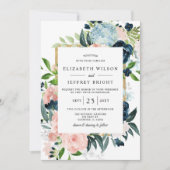 水素朴色ネイビー赤面金ゴールド結婚フローラ 招待状 (正面)