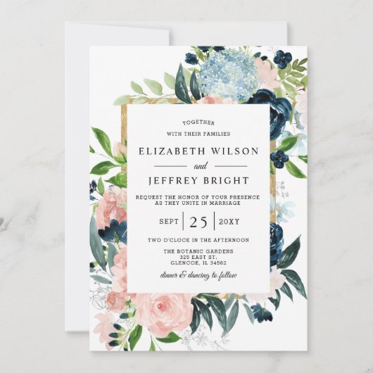 水素朴色ネイビー赤面金ゴールド結婚フローラ 招待状 (正面)