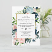 水素朴色ネイビー赤面金ゴールド結婚フローラ 招待状 (スタンド正面)