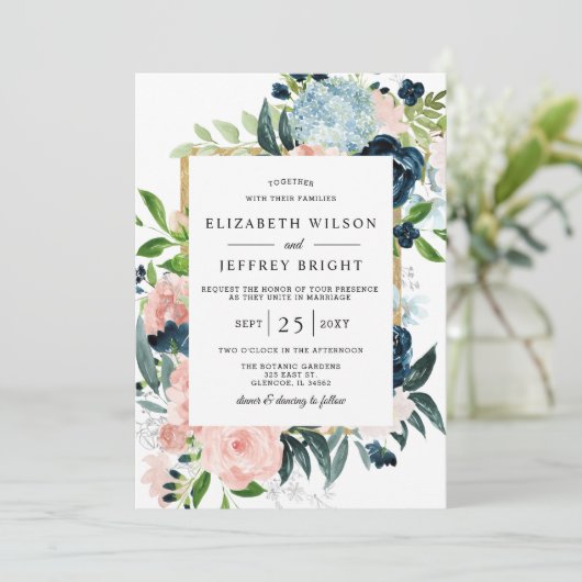 水素朴色ネイビー赤面金ゴールド結婚フローラ 招待状 (スタンド正面)