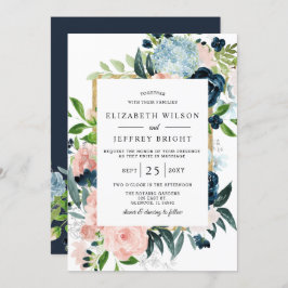 水素朴色ネイビー赤面金ゴールド結婚フローラ 招待状