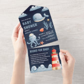 水素朴色ネイビ航海のーブルーベビーシャワー オールインワン招待状 (貼ってはがせる)