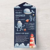 水素朴色ネイビ航海のーブルーベビーシャワー オールインワン招待状 (内側)