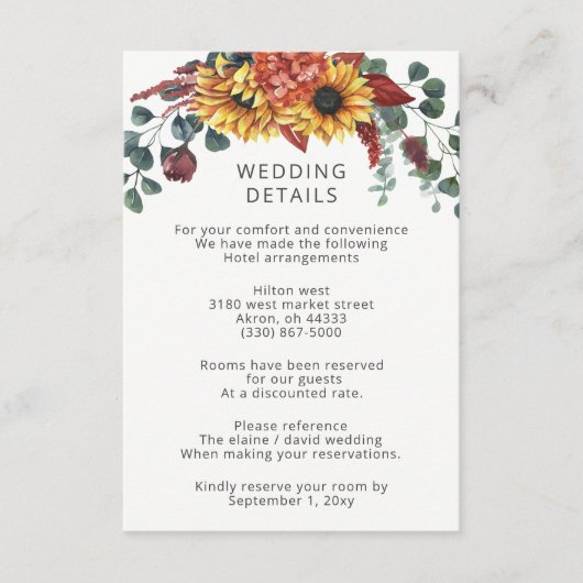 水素朴色バーガンディーサンフラワーズ秋の結婚式 エンクロージャーカード (正面)